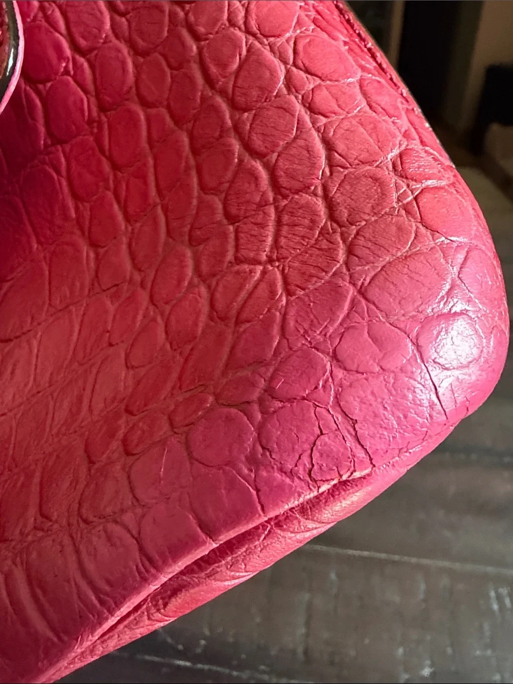 MCM Pink Croc-Embossed Top Handle Satchel with Gold Hardware